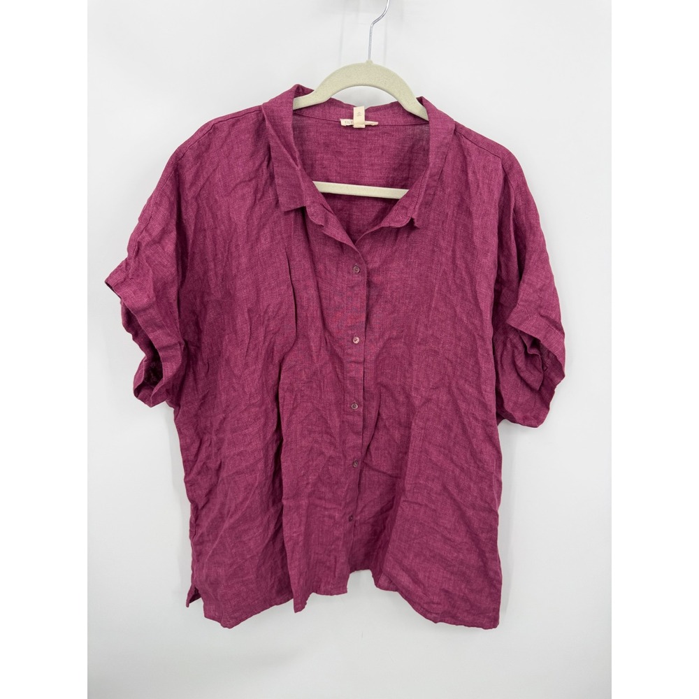 Eileen Fisher Washed Organic Linen Delave Short-Sleeve Shirt Women 3X Pink Boxy